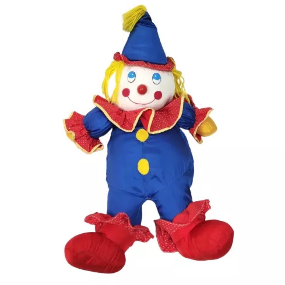 ⭐️ Dayton Hudson clown Vintage 24” stuffed plush doll yellow yarn hair blue red